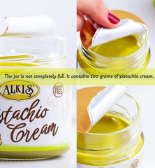 Alkis Pistachio Cream texture close-up emphasizing natural ingredients.