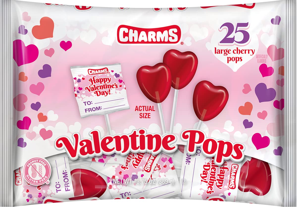 All City Candy Charms Cherry Valentine Pops pack with two 25-piece bags, ideal for Valentine's gifting.