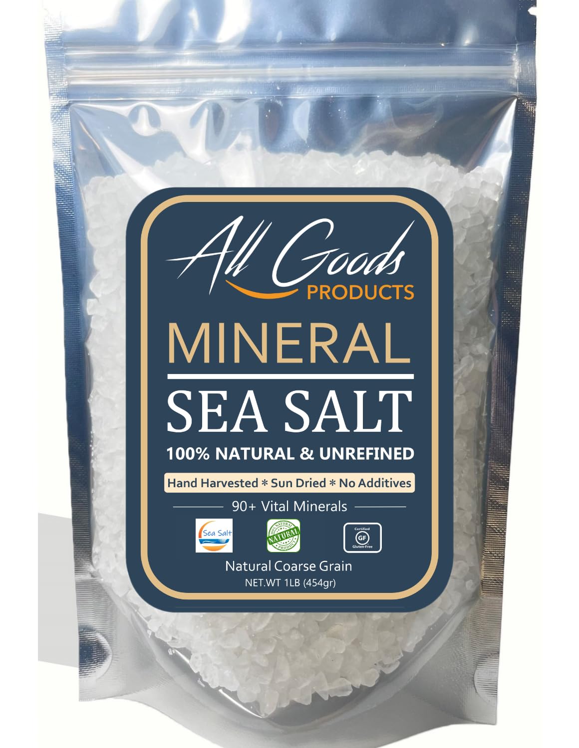 All Goods Mineral Sea Salt coarse grains in a 16 oz jar enhance flavor during cooking