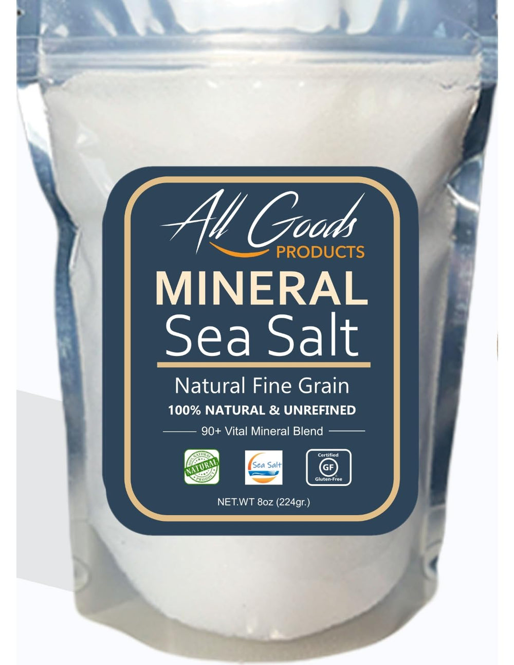All Goods Mineral Sea Salt fine grain enhances flavor with a rich mineral profile.