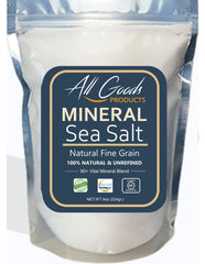 All Goods Mineral Sea Salt fine grain enhances flavor with a rich mineral profile.