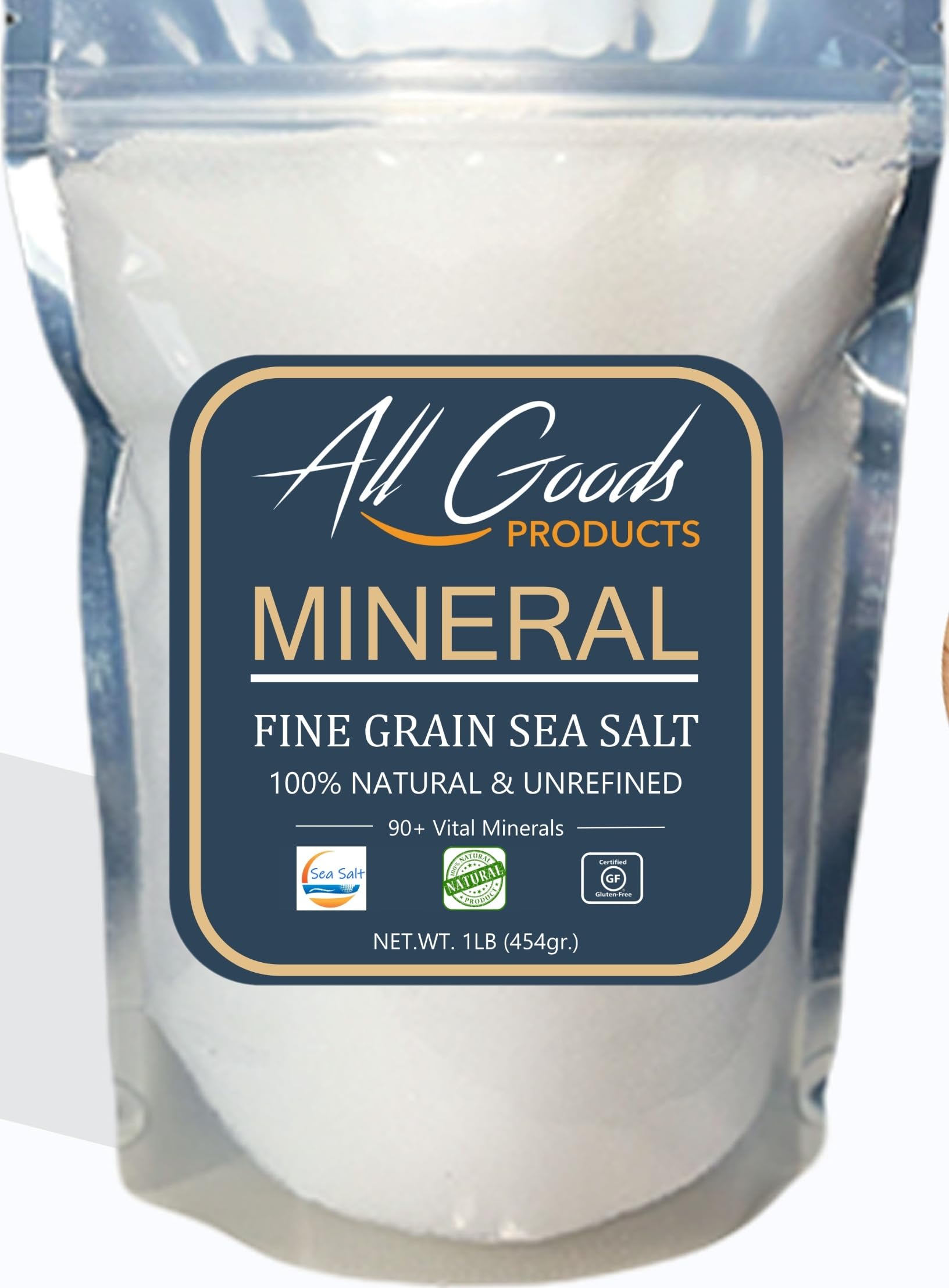All Goods Sea Salt fine-grain jar highlights mineral-rich seasoning for everyday cooking.