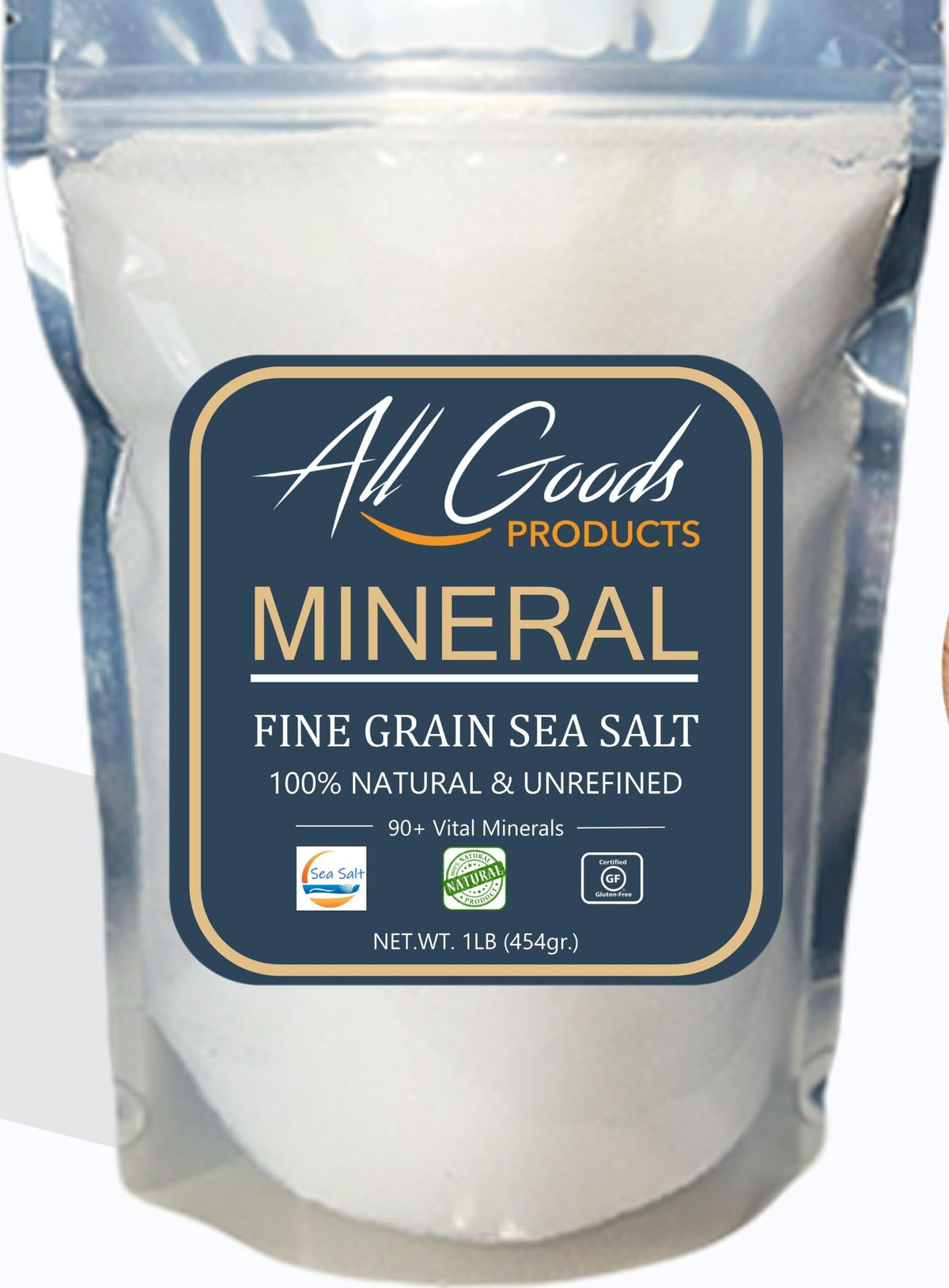 All Goods Sea Salt fine-grain jar highlights mineral-rich seasoning for everyday cooking.