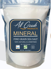 All Goods Sea Salt fine-grain jar highlights mineral-rich seasoning for everyday cooking.