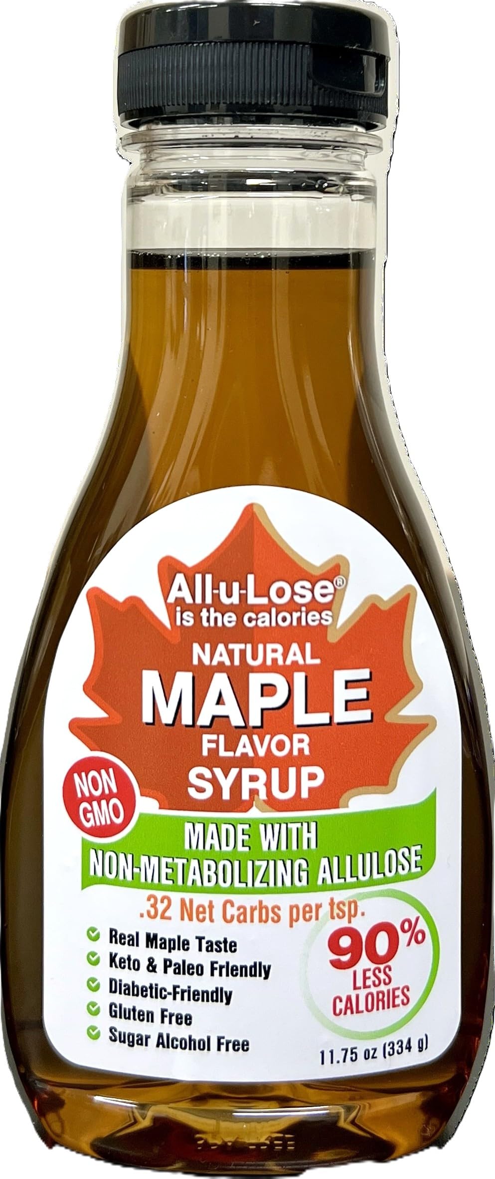 All-u-Lose BetterTaste maple syrup bottle showing zero calorie sweetness.