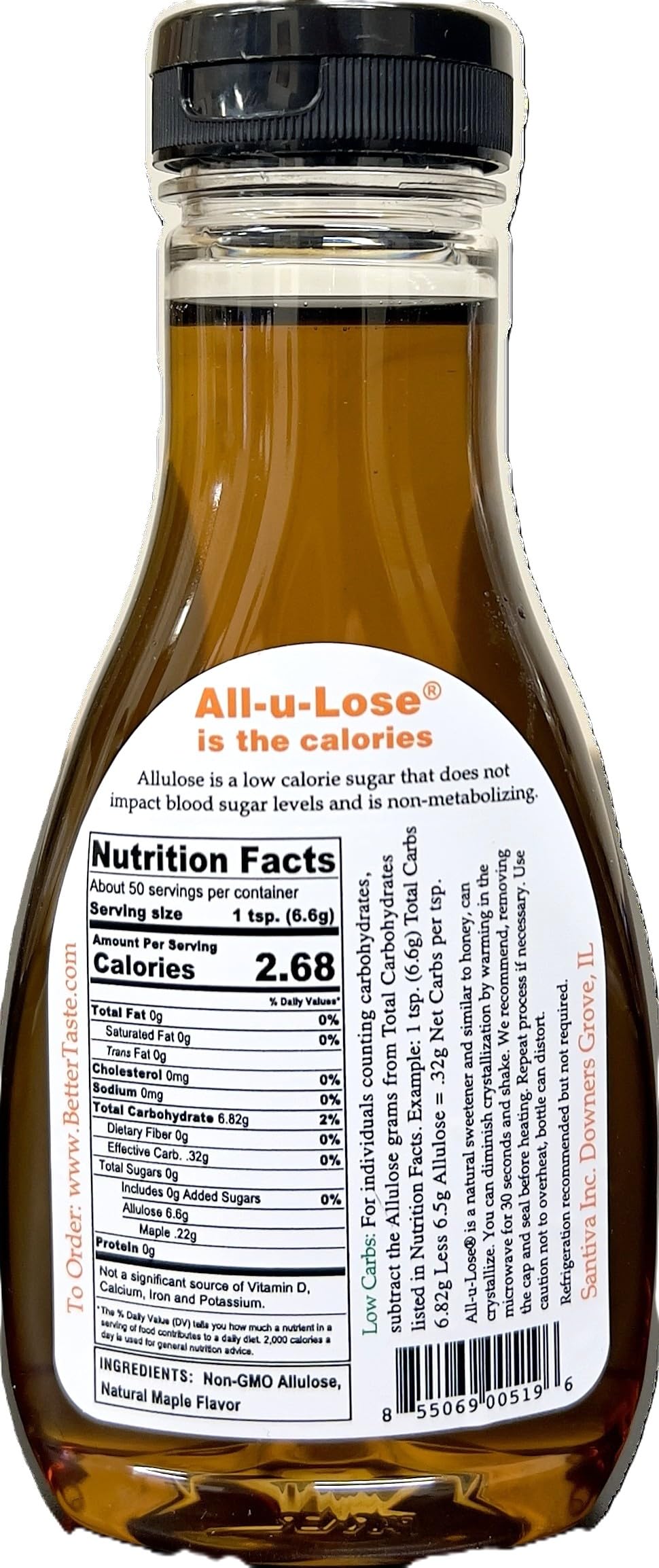All-u-Lose BetterTaste maple syrup pour ideal for coffee and pancakes.
