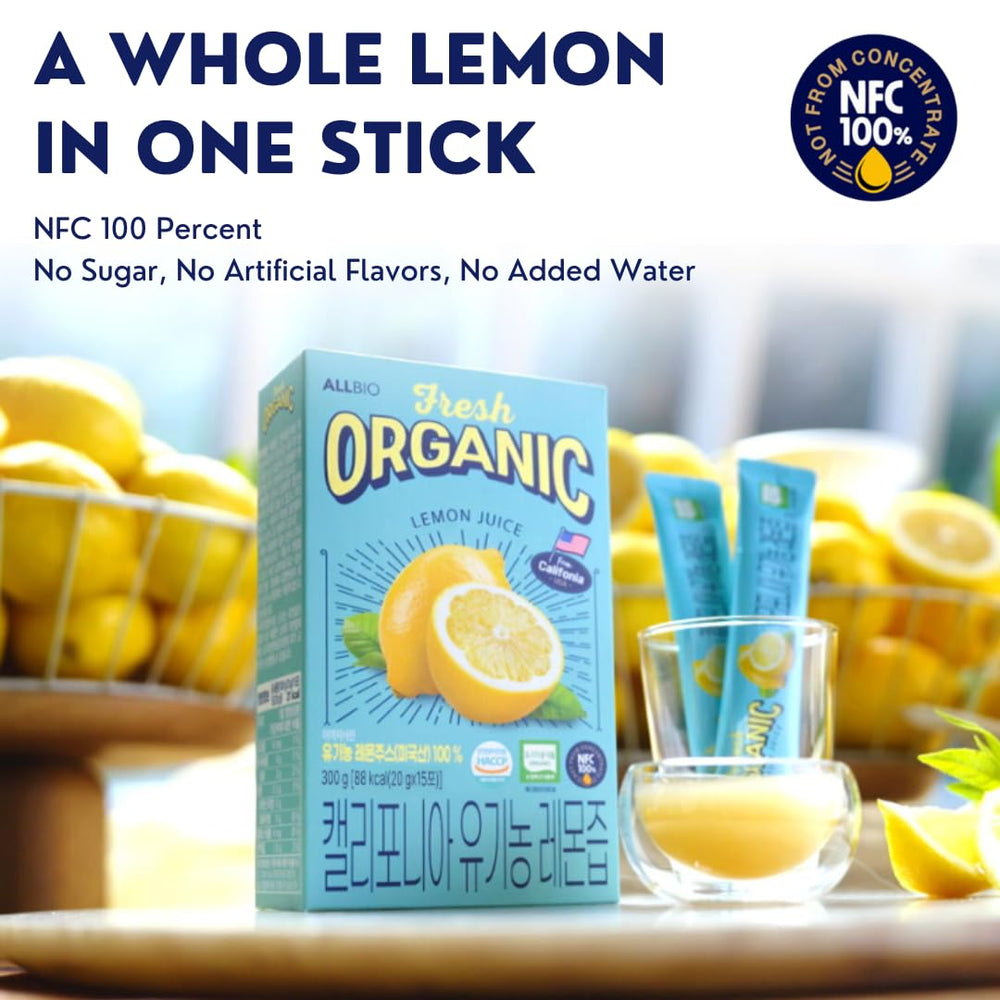 ALLBIO Organic Lemon Juice Stick being stirred into tea for bright flavor.