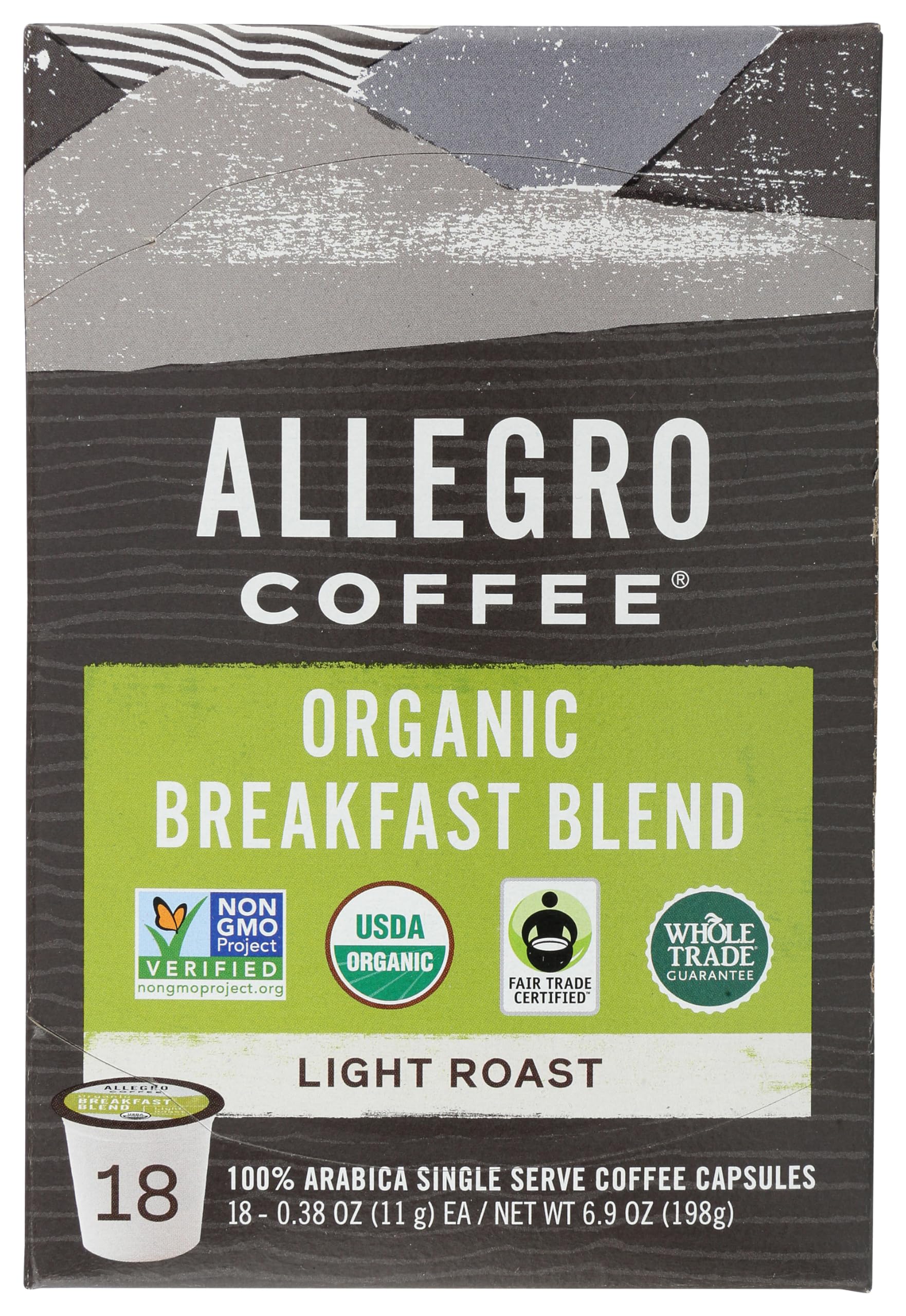 Allegro Coffee Breakfast Blend pods in organic packaging, ideal for quick single-serve mornings