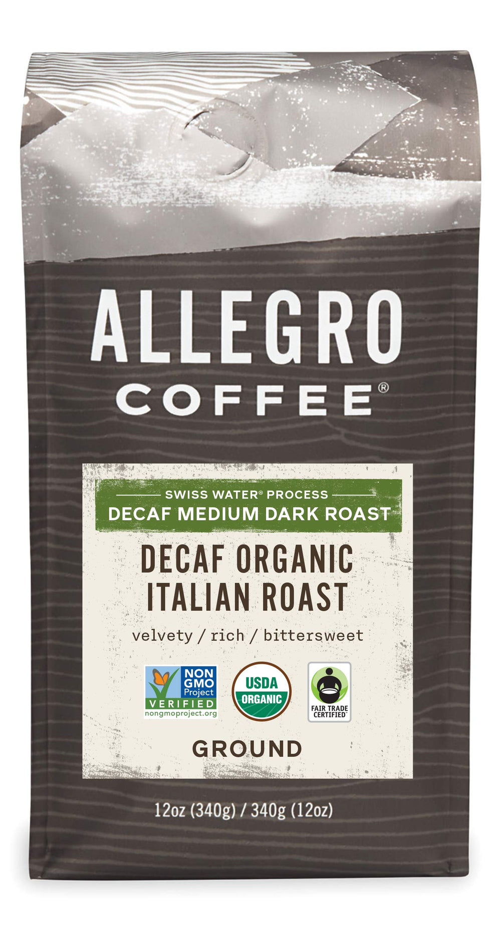Allegro Coffee Decaf Italian Roast ground coffee reveals rich aroma for a smooth evening cup.