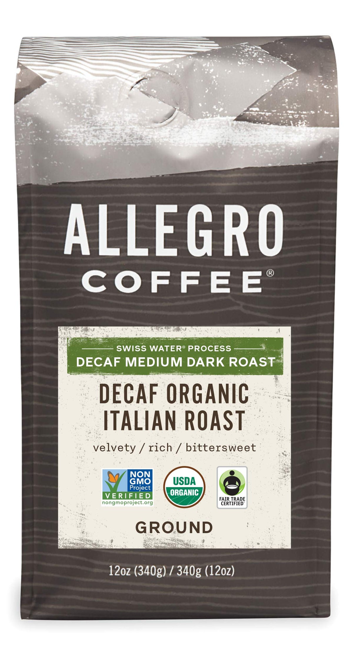 Allegro Coffee Decaf Italian Roast ground coffee reveals rich aroma for a smooth evening cup.