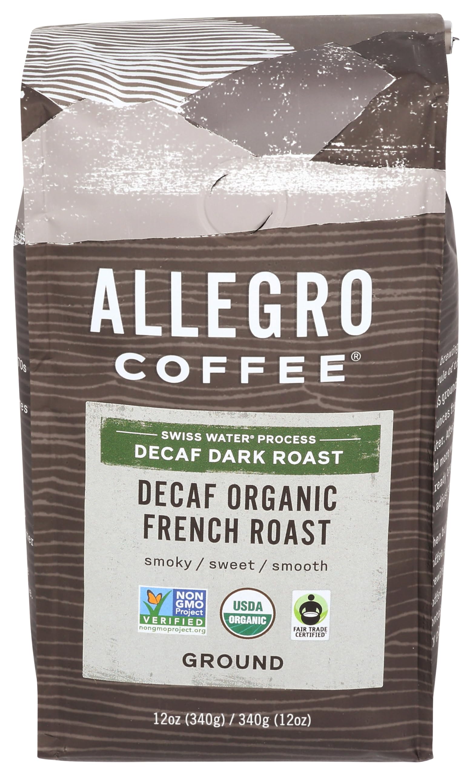 Allegro Coffee Decaf Organic French Roast bag with scoop for easy at home brewing.