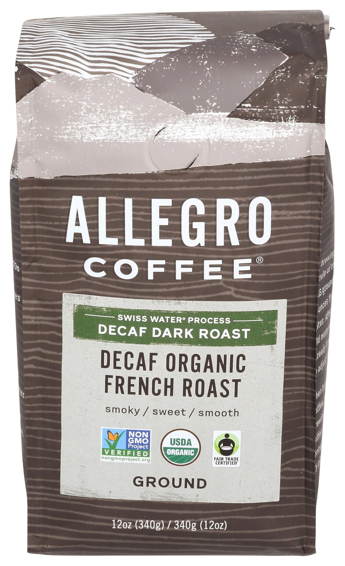 Allegro Coffee Decaf Organic French Roast bag with scoop for easy at home brewing.