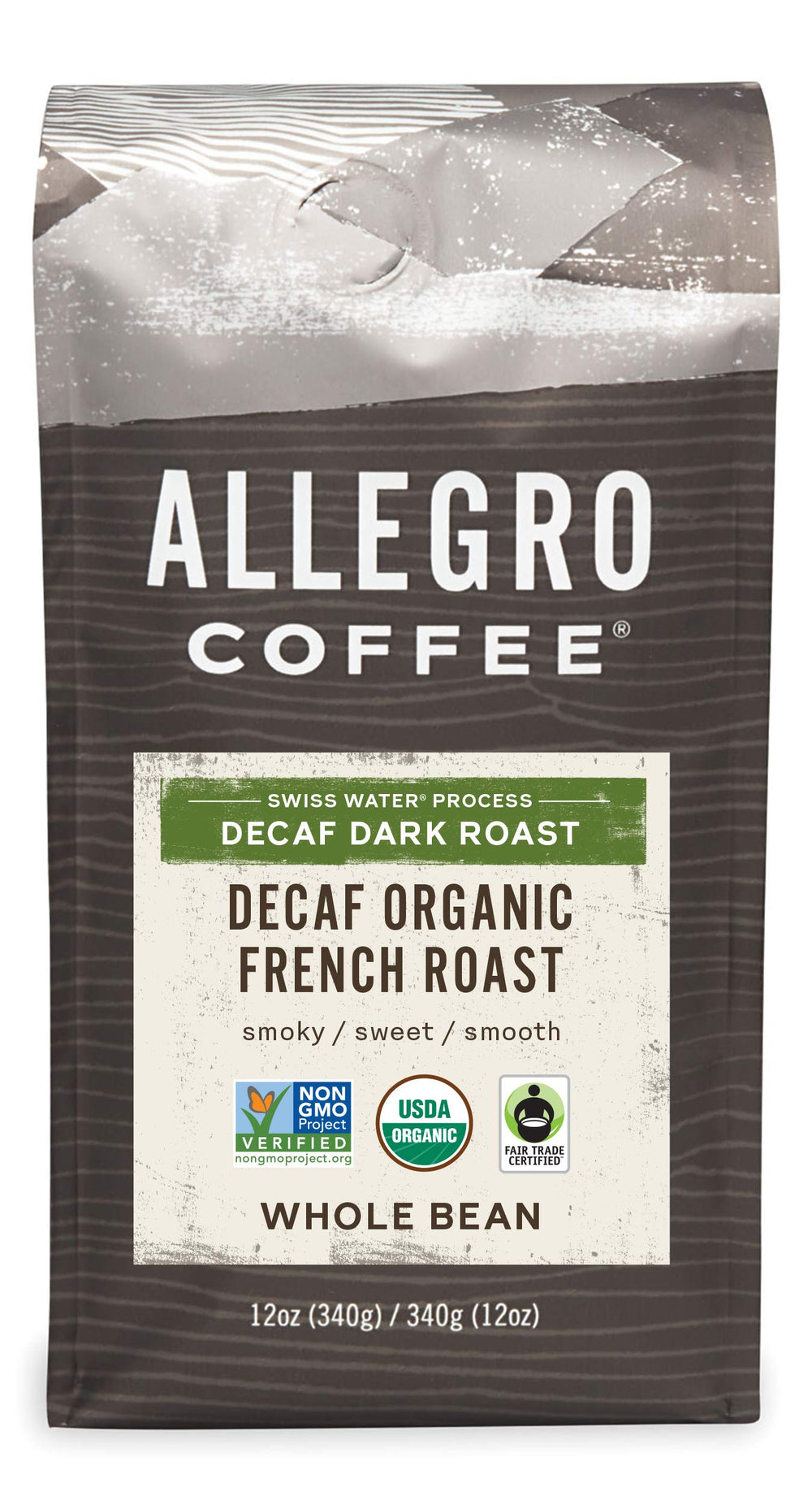 Allegro Coffee Decaf Organic French Roast whole-bean bag highlights smoky aroma for daily brewing