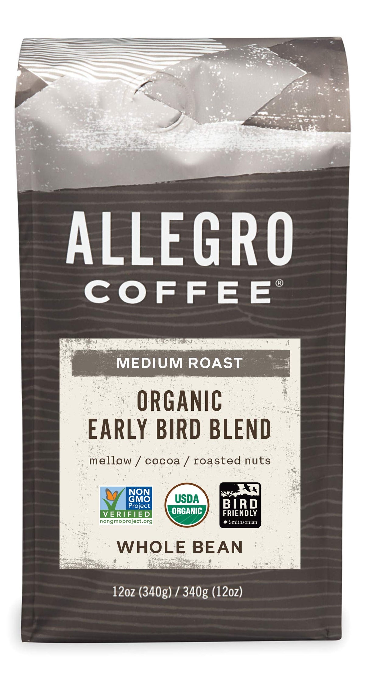 Allegro Coffee Early Bird Blend whole-bean bag-front, ideal for everyday mornings
