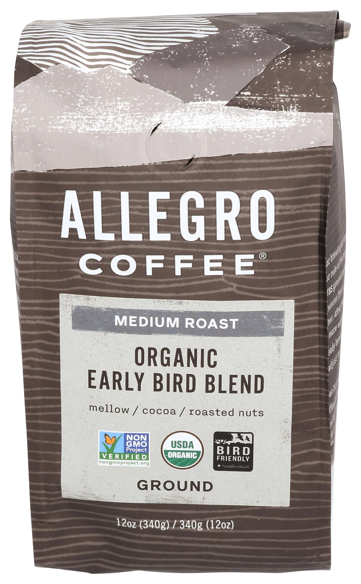 Allegro Coffee Early Bird Ground Coffee bag shows premium shade-grown beans for smooth flavor.