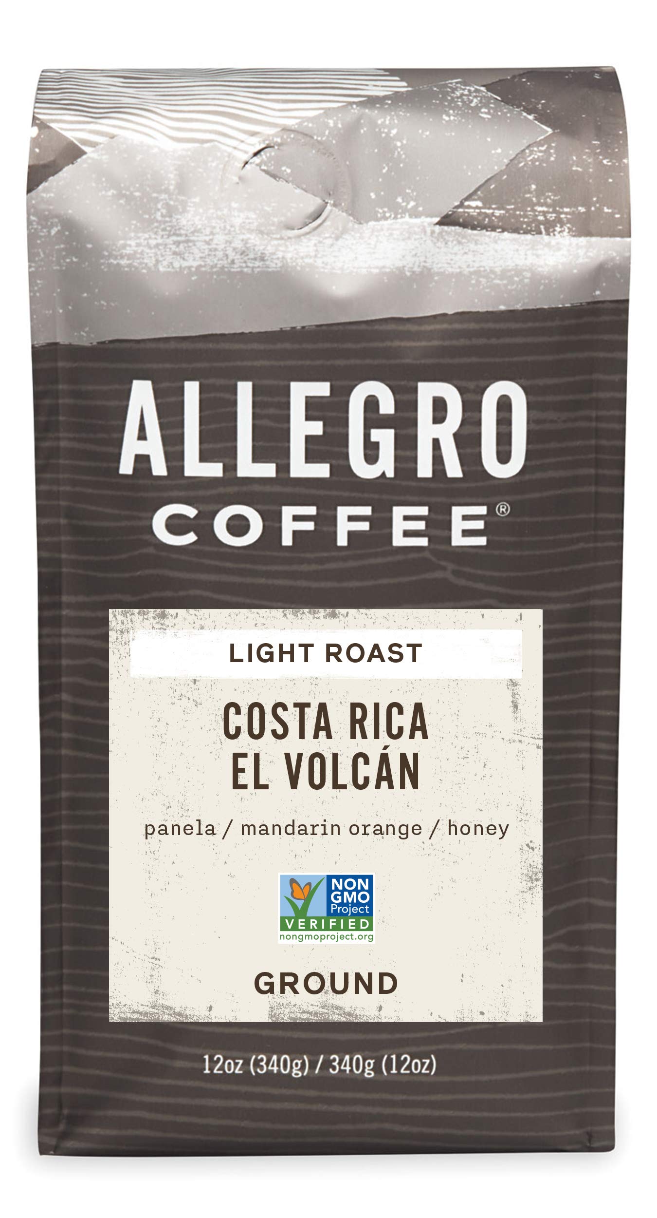 Allegro Coffee El Volcán Ground bag label highlights sustainable sourcing and a light roast.