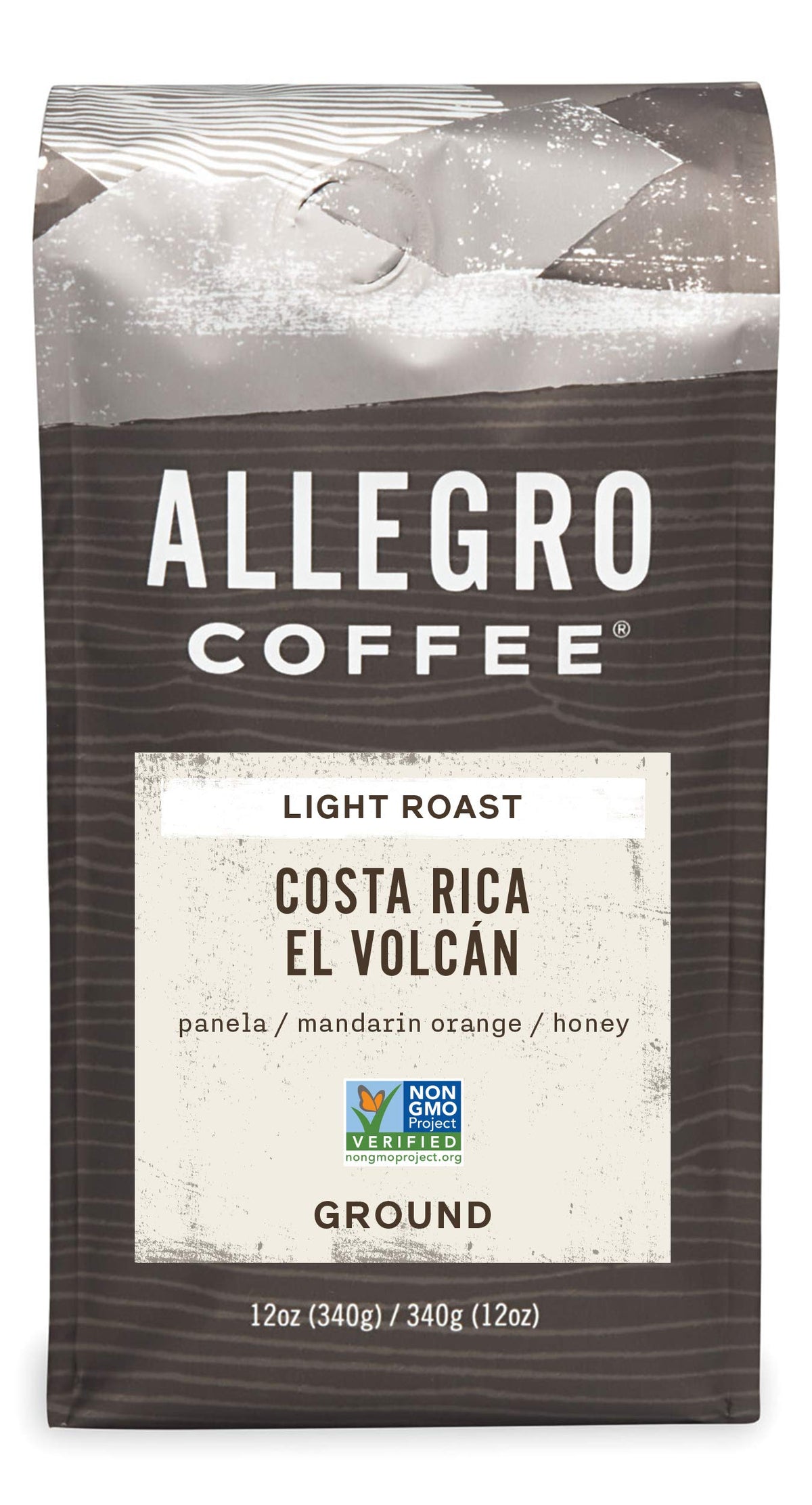 Allegro Coffee El Volcán Ground bag label highlights sustainable sourcing and a light roast.