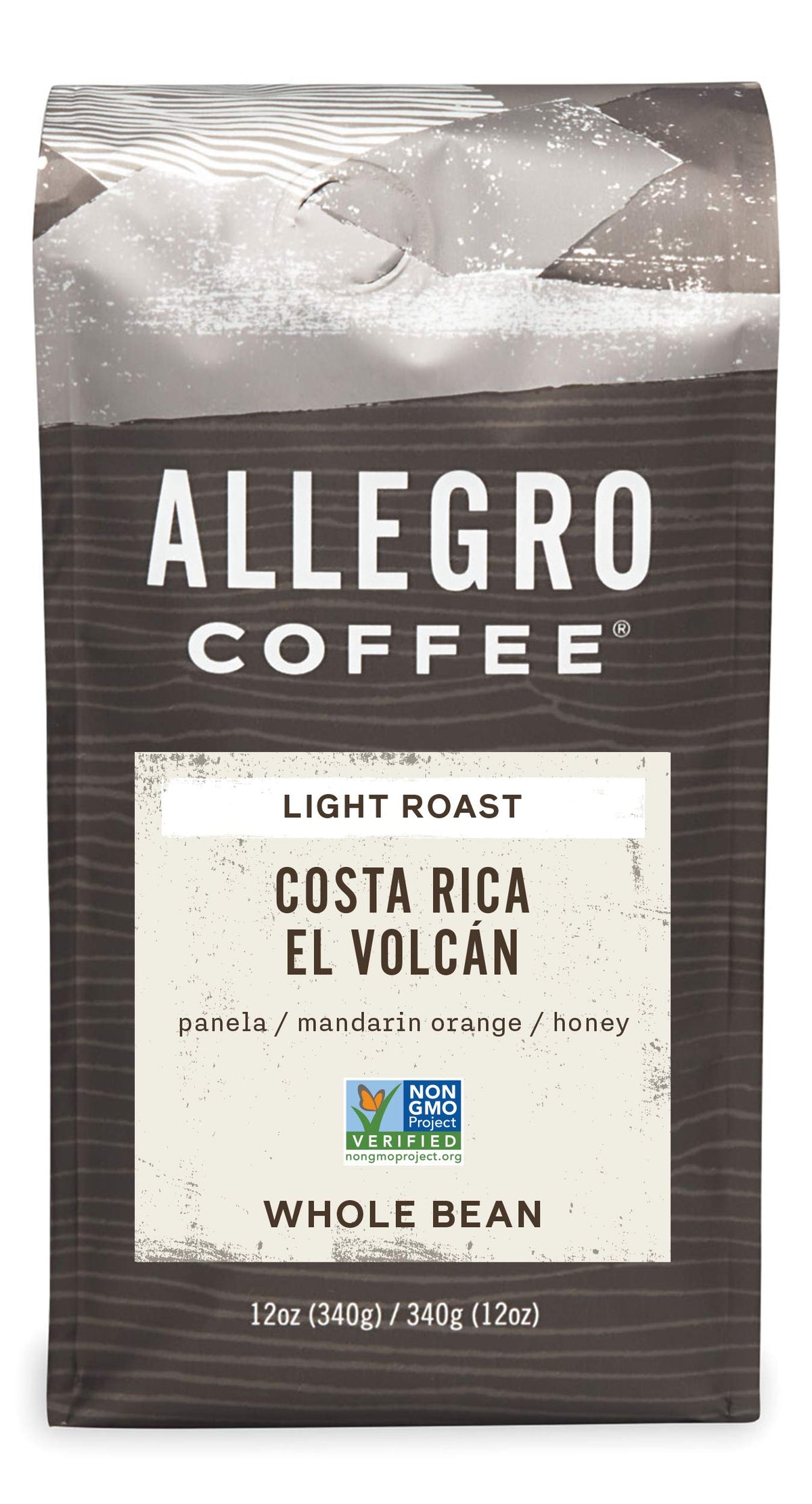 Allegro Coffee El Volcán whole bean bag shows sustainable sourcing and flavor potential.