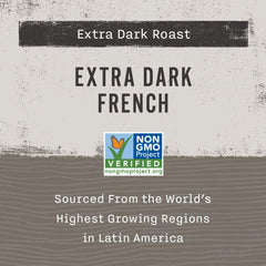 Allegro Coffee Extra Dark French beans steaming cup with aroma
