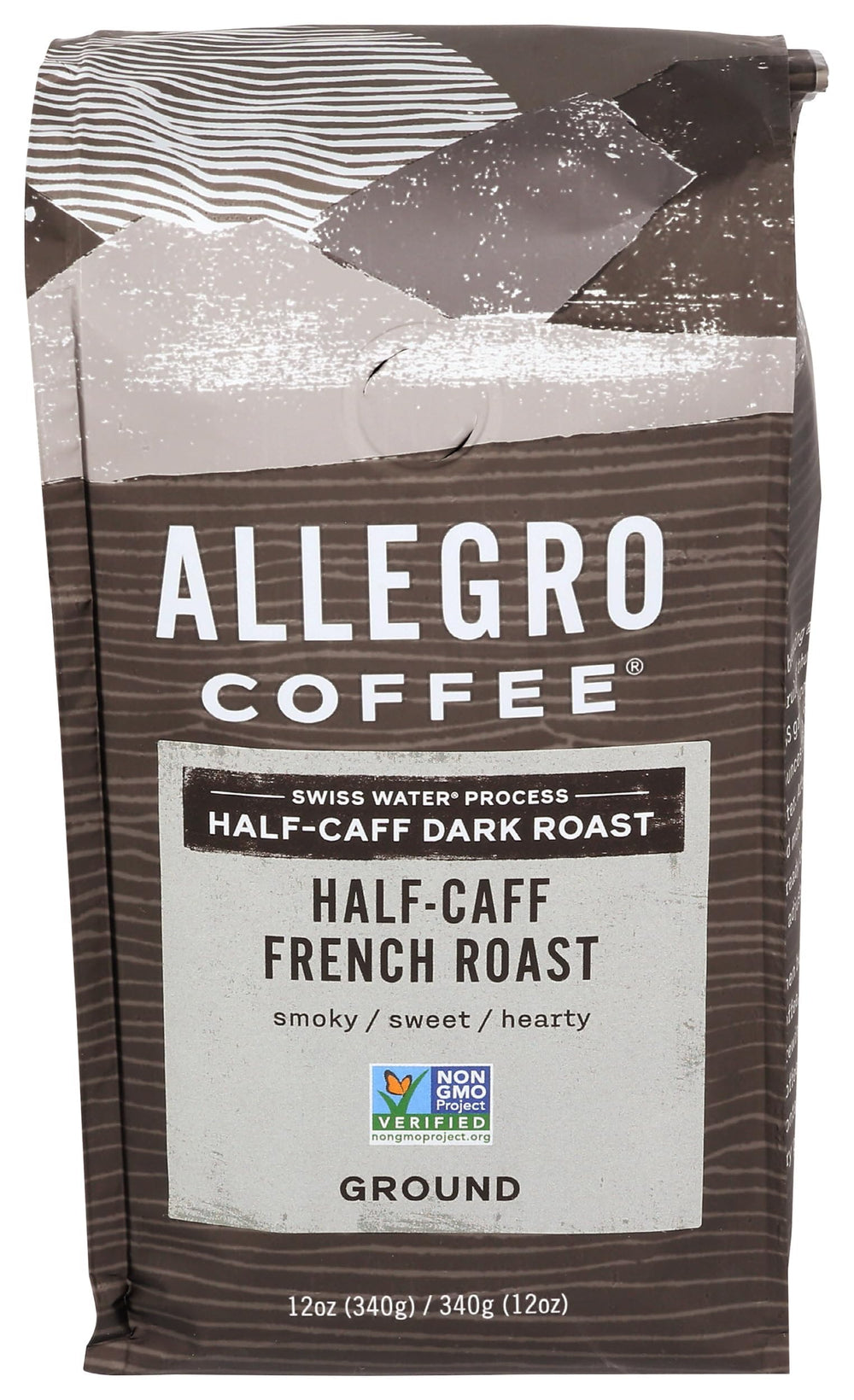 Allegro Coffee Half Caff French Roast ground coffee in a 12oz bag for everyday brewing.
