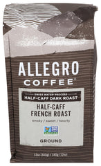 Allegro Coffee Half Caff French Roast ground coffee in a 12oz bag for everyday brewing.