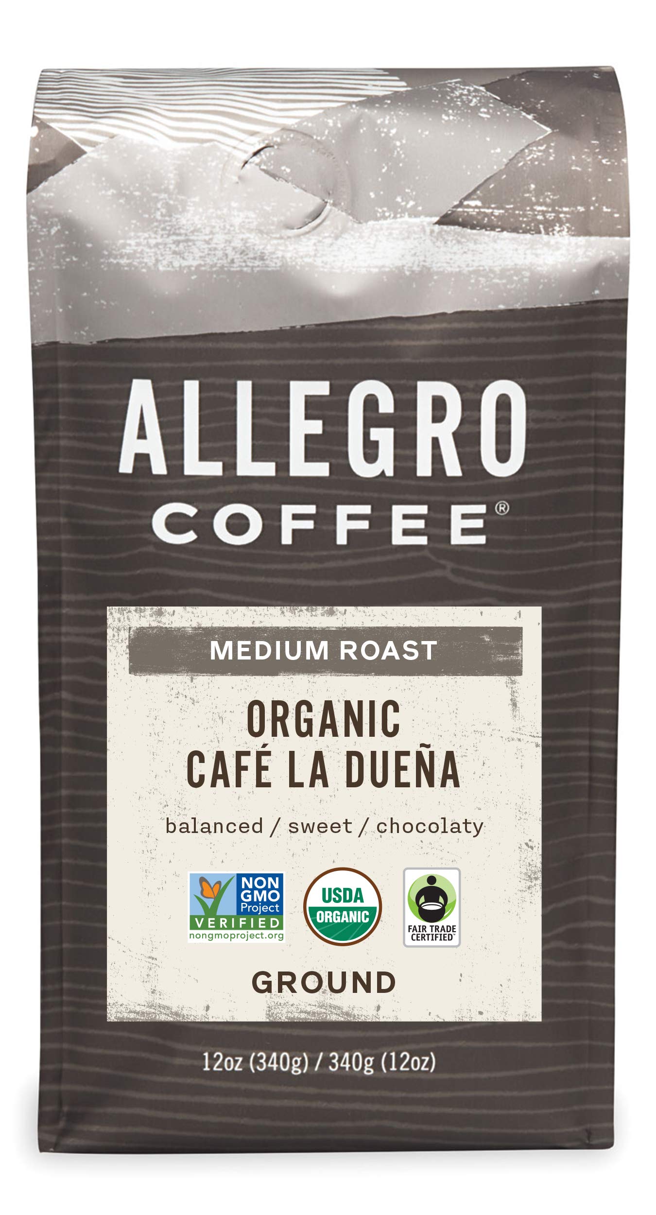 Allegro Coffee La Duena bag front showing organic beans for everyday brewing.