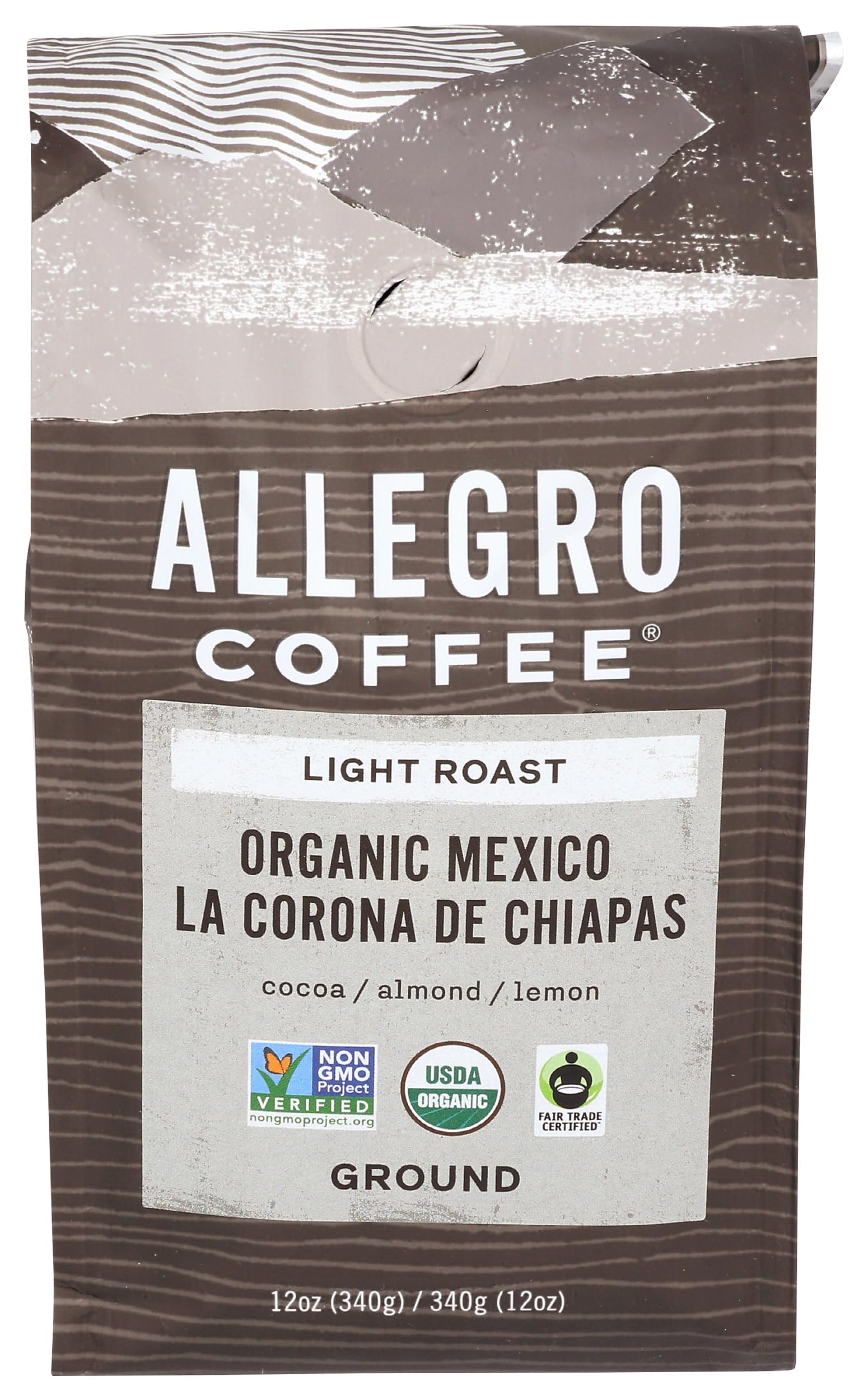 Allegro Coffee Mexico Light Roast ground 12oz offers balanced aroma for everyday mornings.