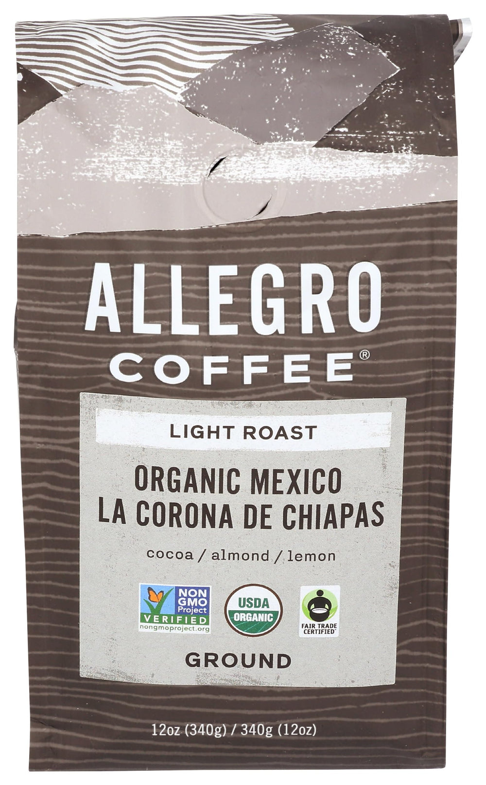 Allegro Coffee Mexico Light Roast ground 12oz offers balanced aroma for everyday mornings.