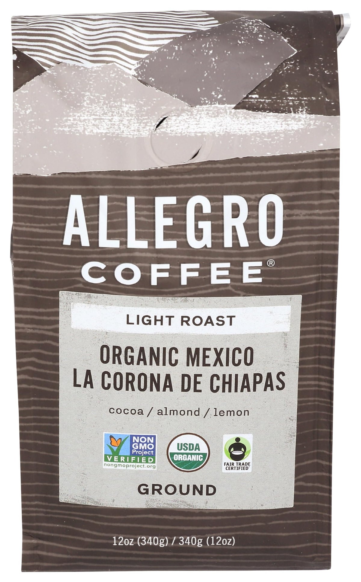 Allegro Coffee Mexico Light Roast ground 12oz offers balanced aroma for everyday mornings.