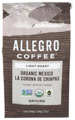 Allegro Coffee Mexico Light Roast ground 12oz offers balanced aroma for everyday mornings.