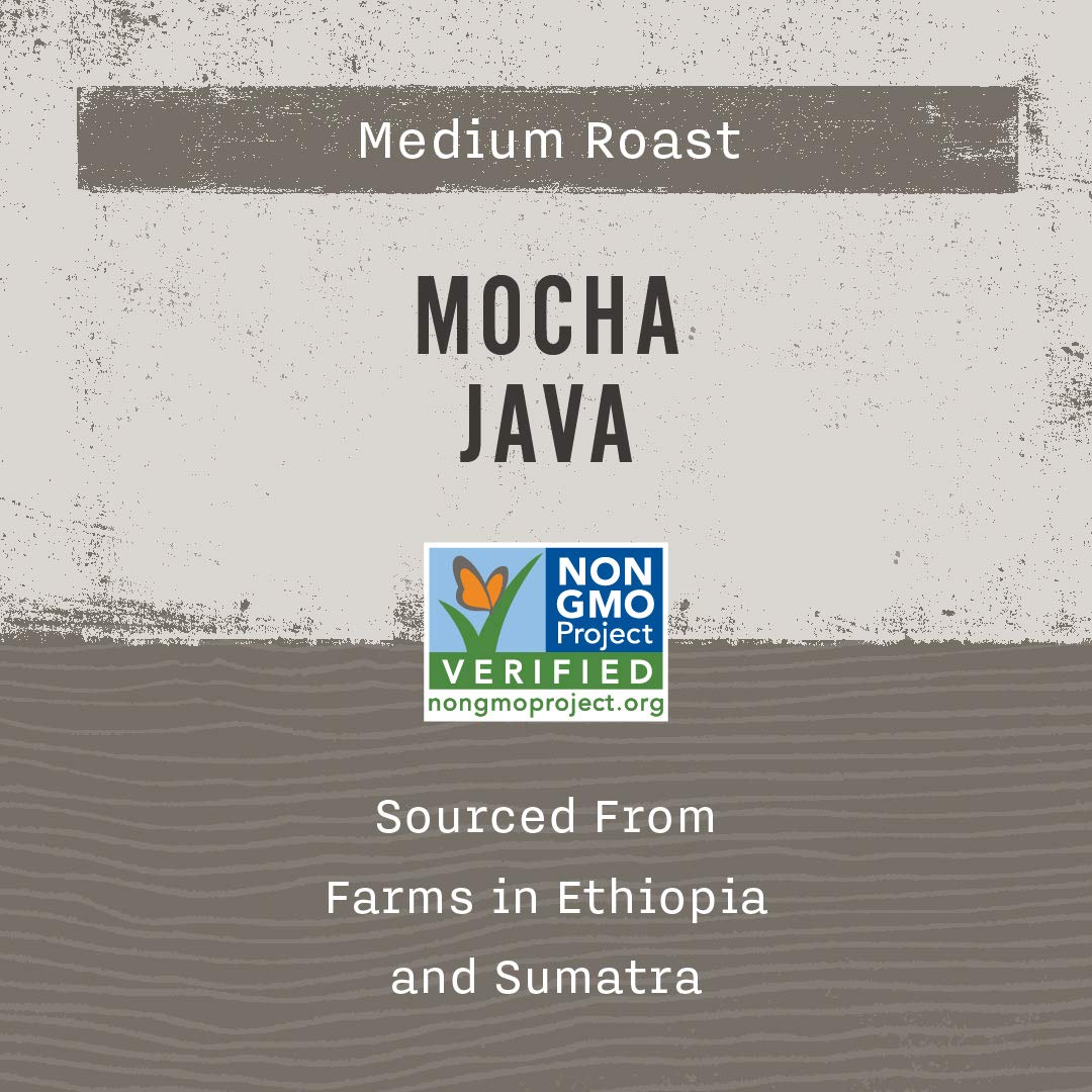 Allegro Coffee Mocha Java bag label, showcasing blend origin and careful sourcing for reliable flavor.