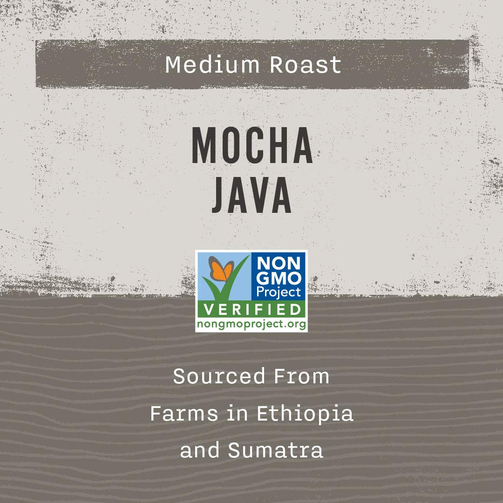 Allegro Coffee Mocha Java bag label, showcasing blend origin and careful sourcing for reliable flavor.
