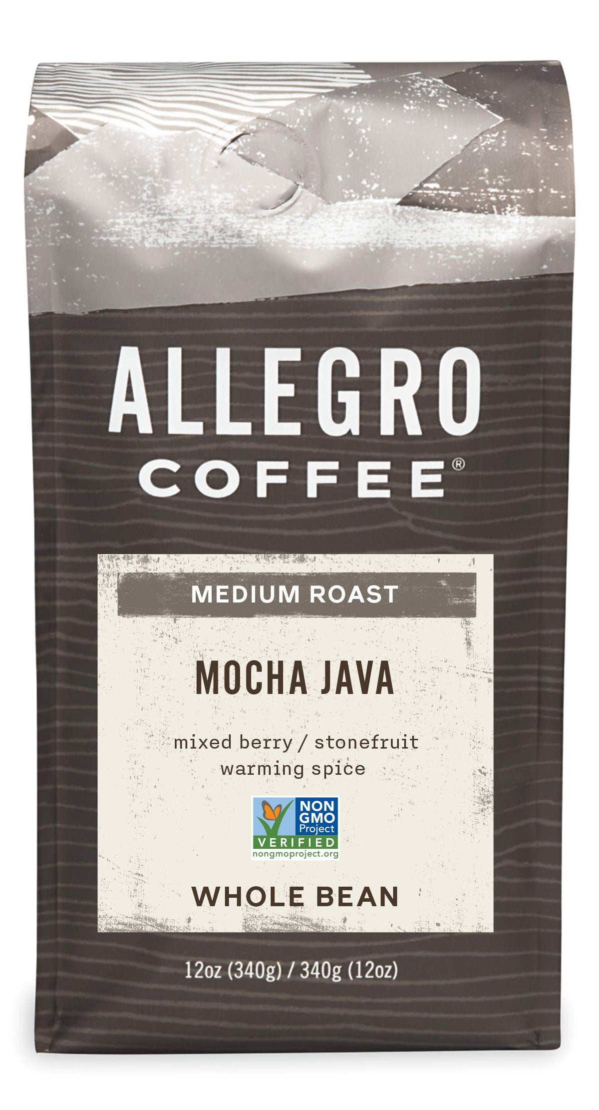 Allegro Coffee Mocha Java whole bean 12oz, ready for a fresh grind and rich morning brew.