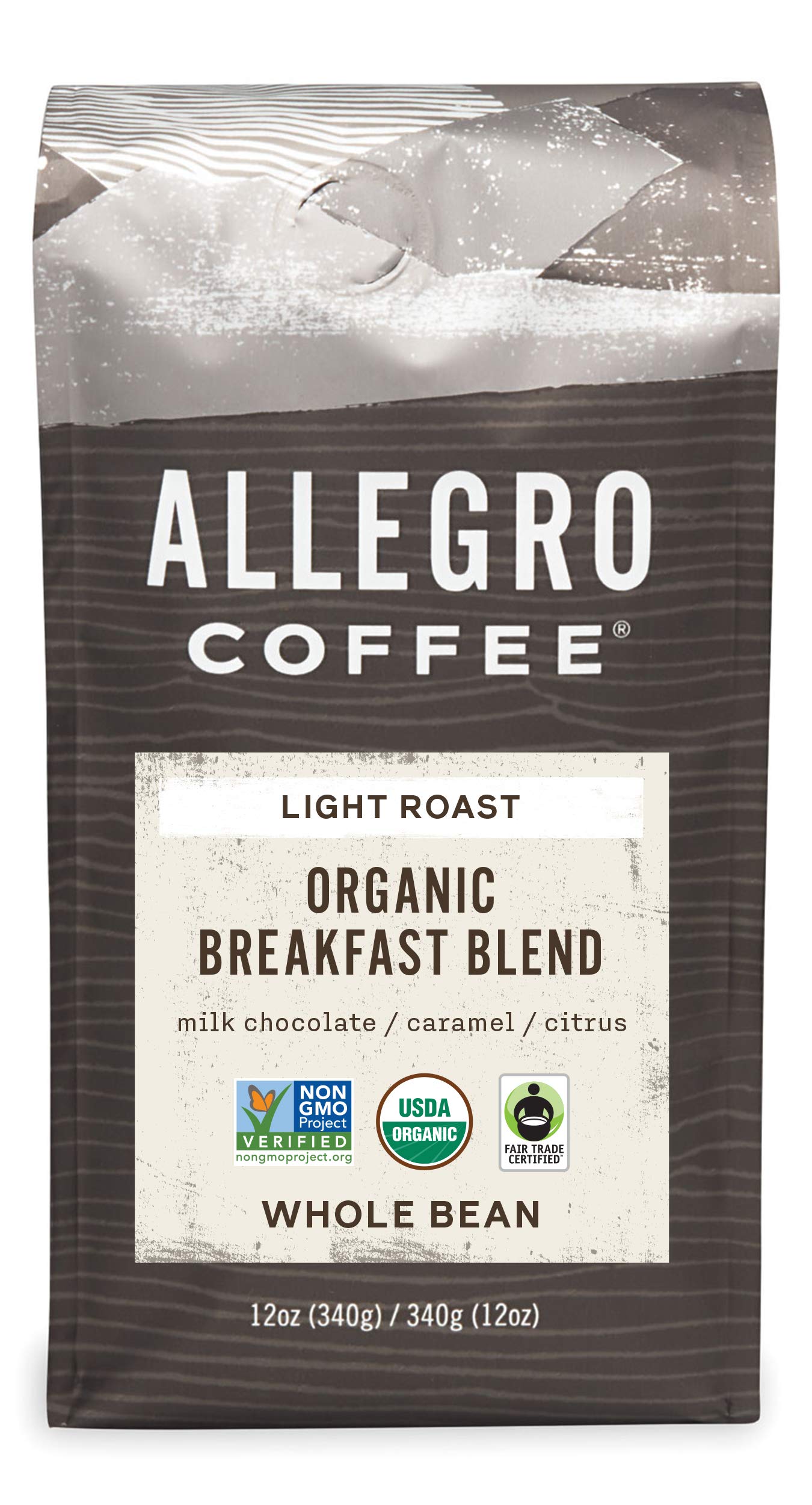 Allegro Coffee Organic Breakfast Blend whole bean bag enhances mornings with a vibrant aroma.