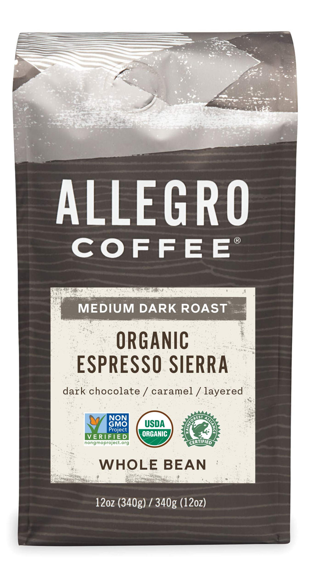 Allegro Coffee Organic Espresso Sierra front-pack—premium whole bean for rich espresso.