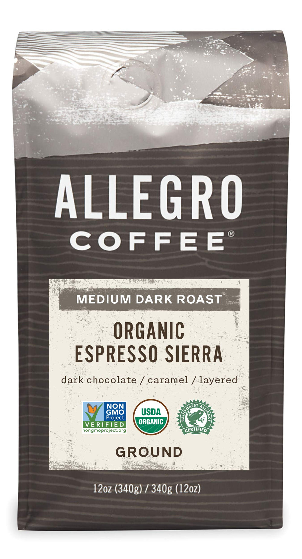 Allegro Coffee Organic Espresso Sierra ground coffee packshot highlights bold flavor ideal for espresso.
