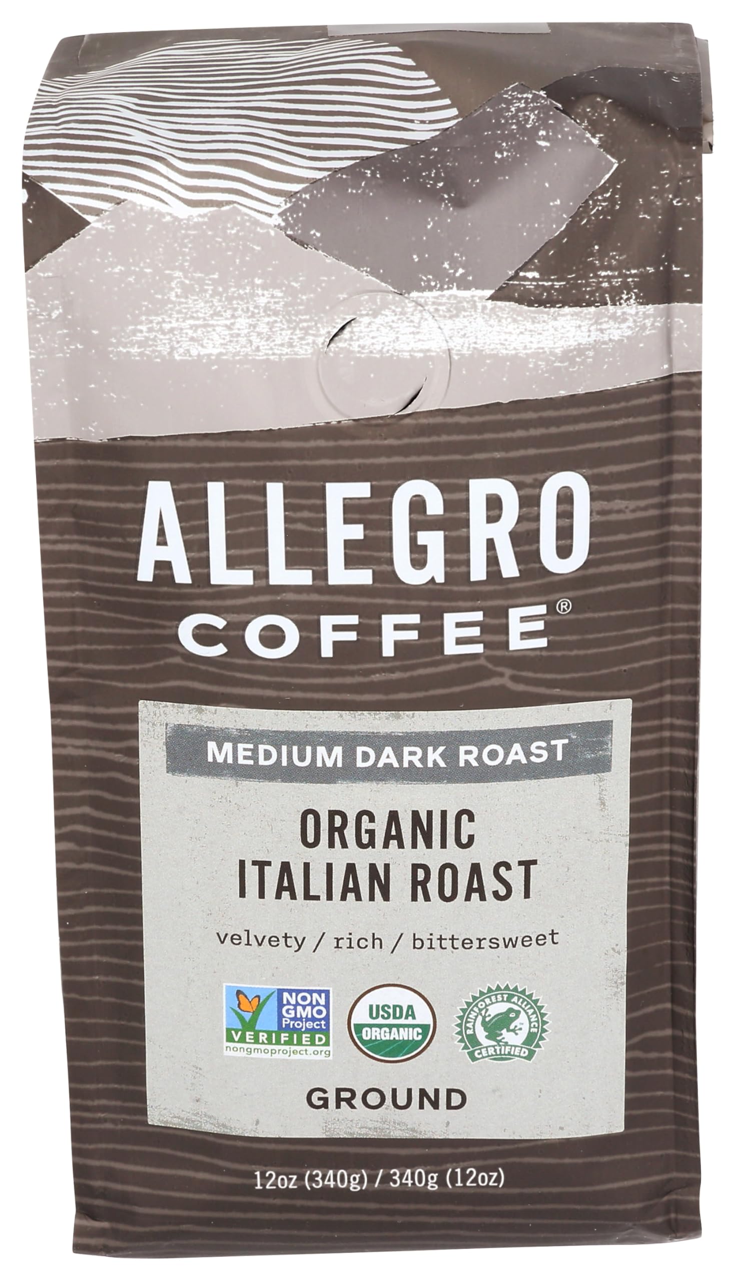 Allegro Coffee Organic Italian Roast ground coffee 12oz package with bold aroma for espresso and brew.