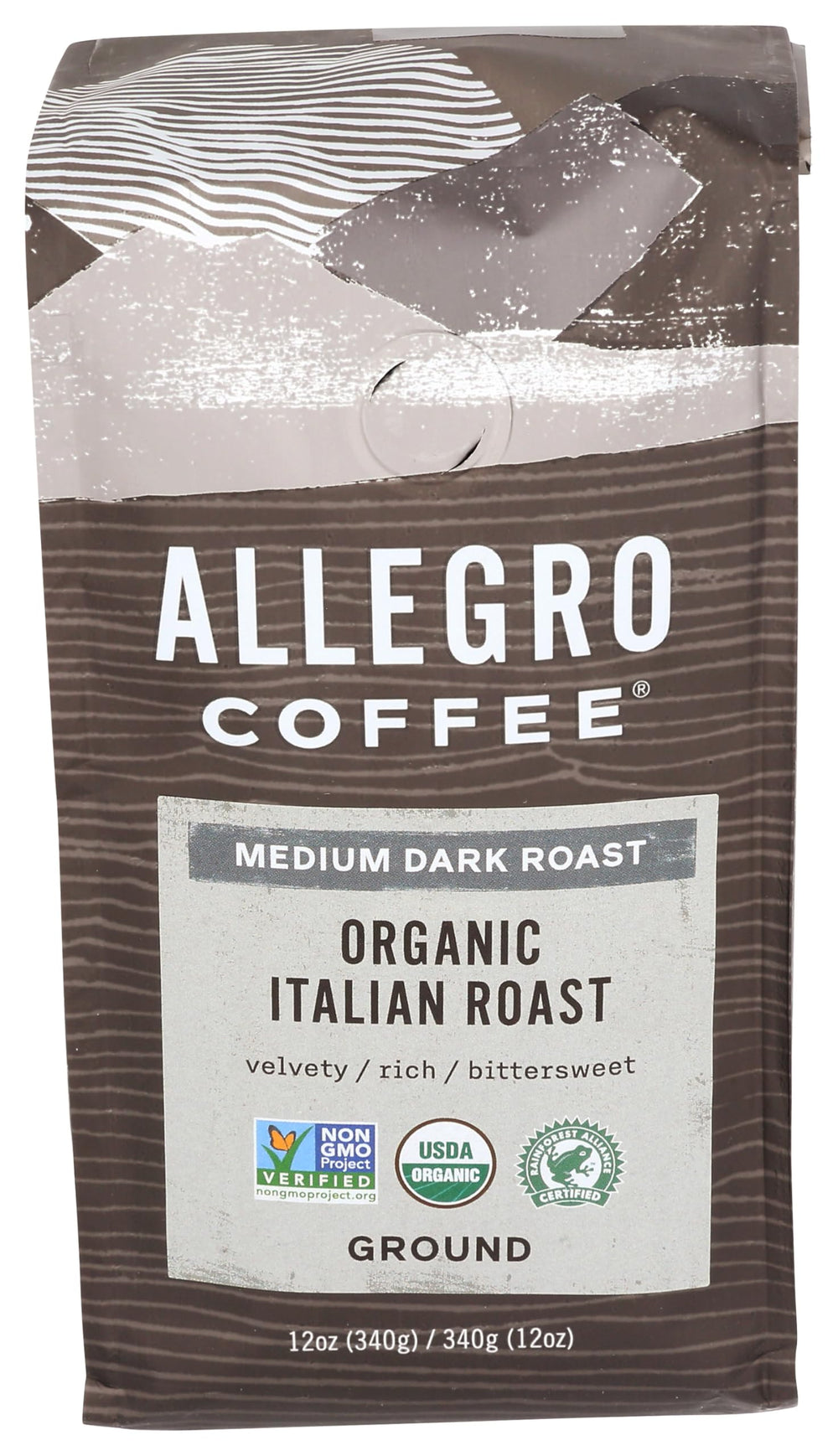Allegro Coffee Organic Italian Roast ground coffee 12oz package with bold aroma for espresso and brew.