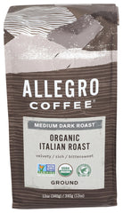 Allegro Coffee Organic Italian Roast ground coffee 12oz package with bold aroma for espresso and brew.