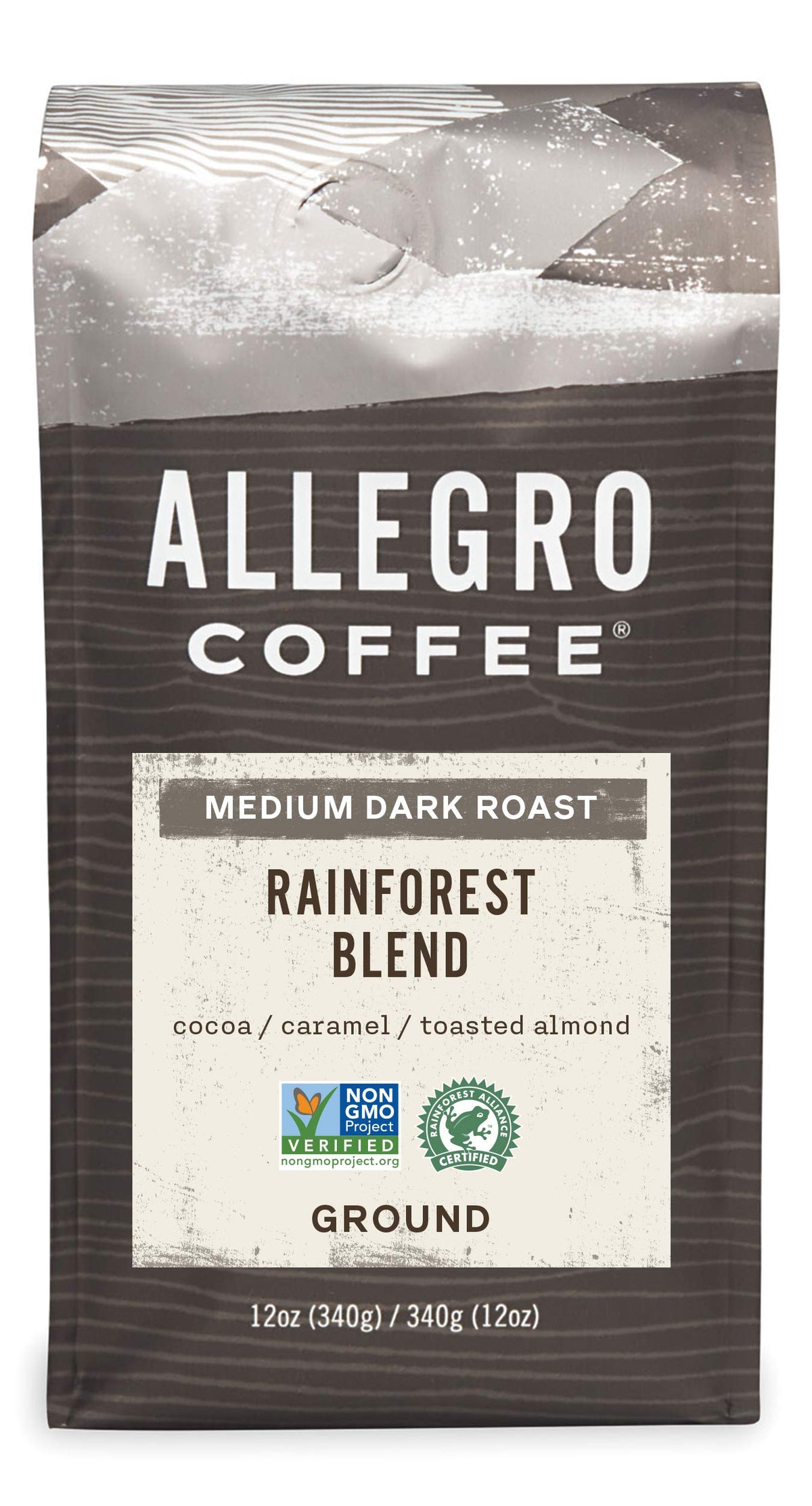 Allegro Coffee Rainforest Blend ground coffee bag showing premium packaging for everyday breakfasts