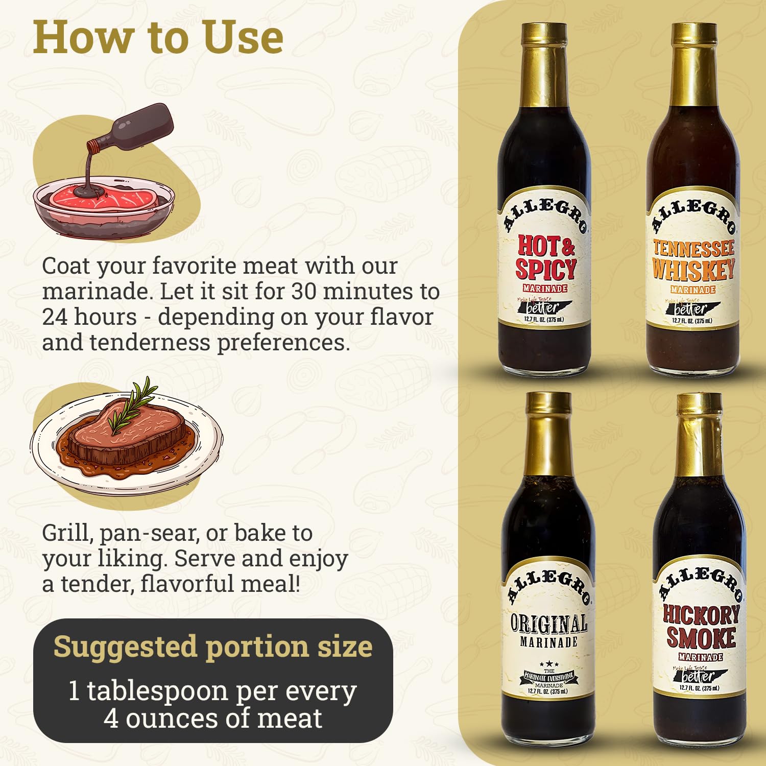 Allegro Hickory Smoke marinade bottle pouring evokes backyard barbecue flavor for ribs.