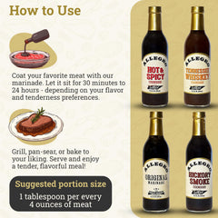 Allegro Hickory Smoke marinade bottle pouring evokes backyard barbecue flavor for ribs.