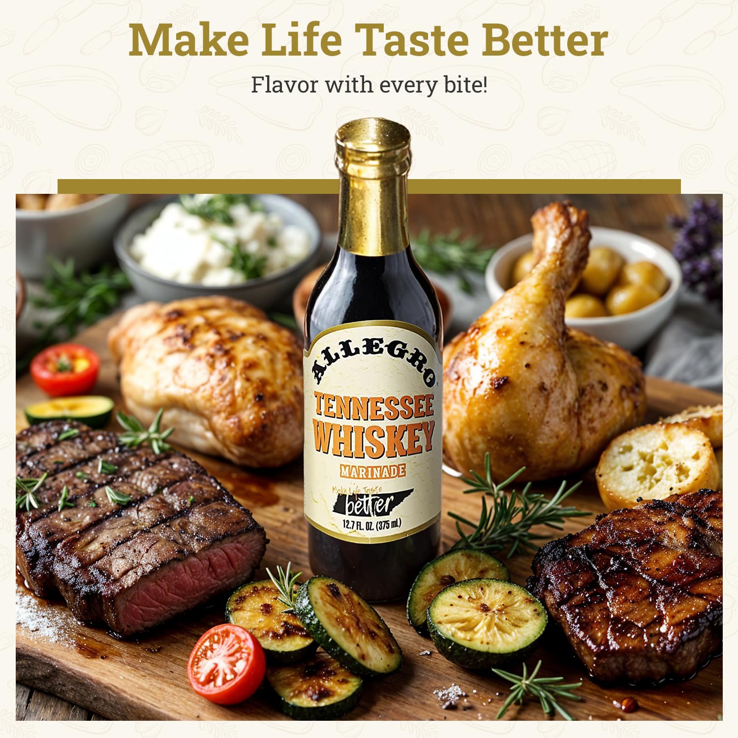 Allegro Hot and Spicy marinade bottle pouring adds just-right heat to vegetables and steak.