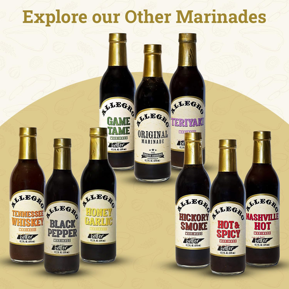 Allegro Marinade ingredients glass bottle on kitchen counter suggests premium gluten-free option.