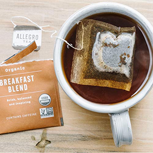Pouring Allegro Tea Organic Breakfast Blend into a mug invites a comforting brew.