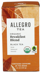 Allegro Tea Organic Breakfast Blend tea bags for a brisk morning pick-me-up.