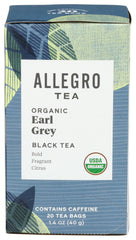 Allegro Tea Organic Earl Grey tea bags in packaging for premium daily tea.