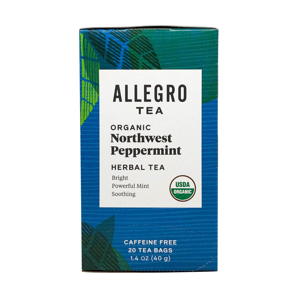 Allegro Tea Organic Northwest Peppermint packaging variants shown on display