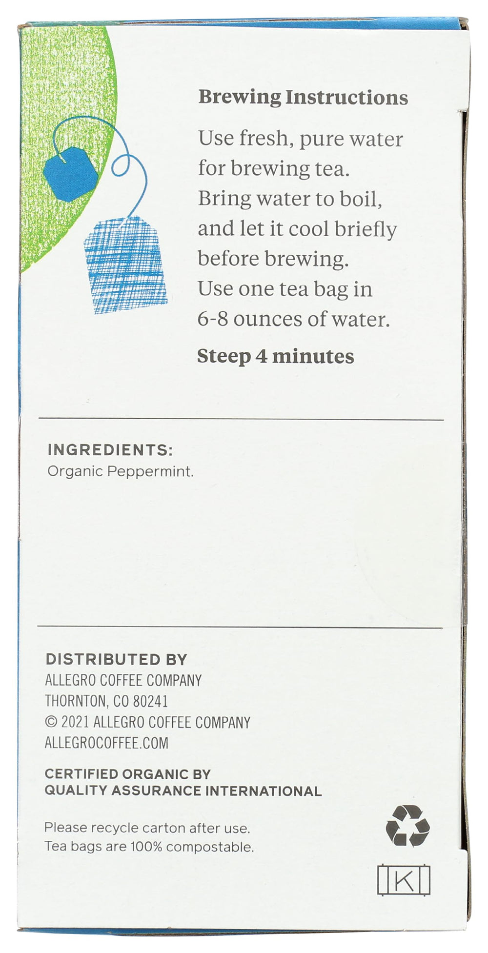 Allegro Tea Organic Northwest Peppermint ingredients view in natural light