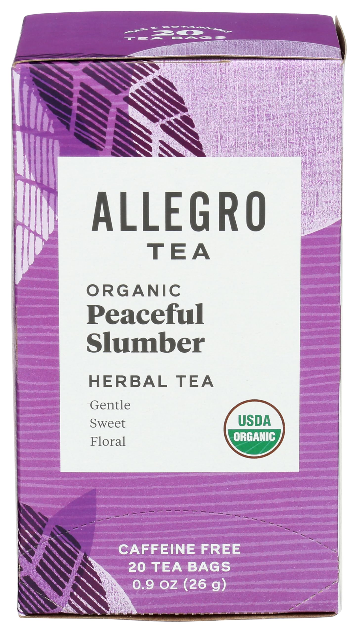 Allegro Tea Organic Peaceful Slumber tea bags packaging shows the organic blend for a calming ritual